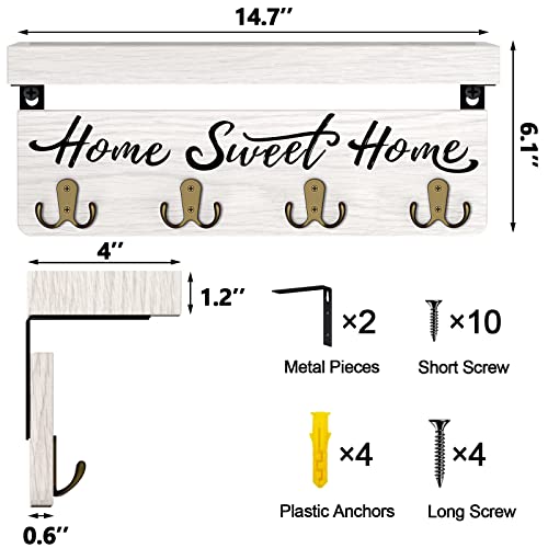 Buways Wall-Mounted Key And Mail Holder, Wooden Key Rack With 4 Double Key Hooks, Rustic Home Decor For Entryway(White) #TOP7