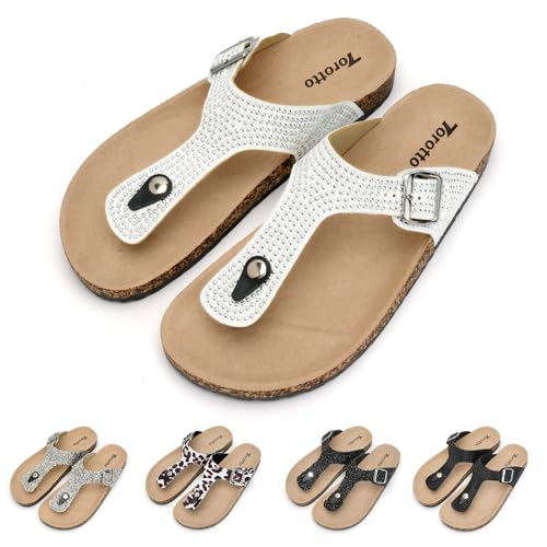 Torotto Damen Zehentrenner Flip Flops Pantoletten Hausschuhe Sportliche Kork-Fußbett Schlappen Mit Verstellbarer Rieme S...