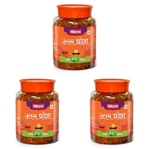 Image of Nilon's Uttam Pradesh Mango Pickle (500g) Homemade Aam Ka Aachar | Spicy & Tangy Pickle in Authentic UP Style with Raw Mango, Mustard Oil & Spices Mixed with No Added Artificial Colour (Pack of 3)