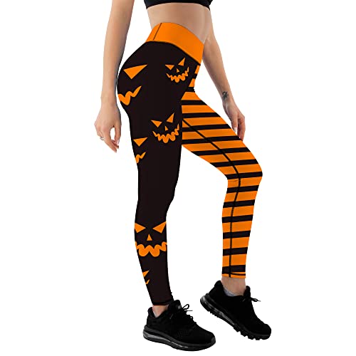 Nude Feeling Halloween Pumpkin Head Stripes Print Slim High Waist Long Leggings for Women Running Yoga Workout GymXS