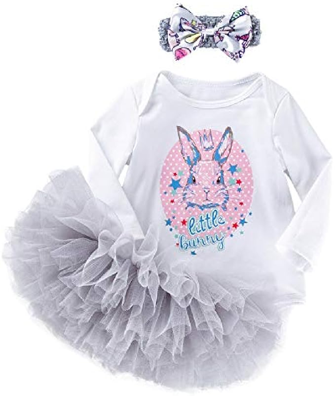Quenny New Easter Baby Girls' Clothes,Baby Girls' Long-Sleeved Cartoon Egg Romper,and Gray Tutu Skirt Suits.