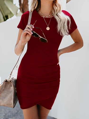 Image of BTFBM Women's Summer Dresses 2026 Casual Bodycon Mini Dress Short Sleeve Crew Neck Ruched Spring Beach Vacation Outfits
