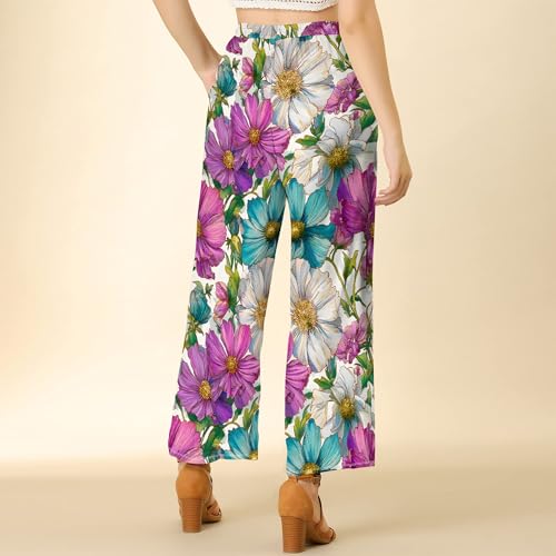 Womens Boho Floral Wide Leg Pants Casual Loose Elastic High Waisted Drawstring Palazzo Pants with Pockets4