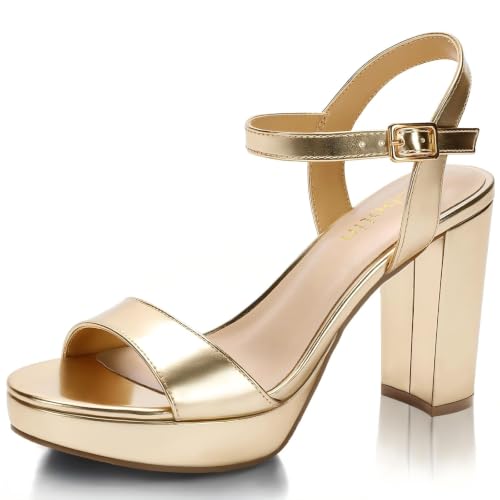 Image of DOBOLIN Wide Width Heels for Women Block Chunky Platform High Heels Sandals Open Toe Wedding Party Ankle Strap Dress Shoes