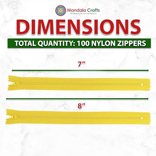 Image of Mandala Crafts 100 Mustard Yellow Closed-End 8 inch Nylon Zippers for Sewing