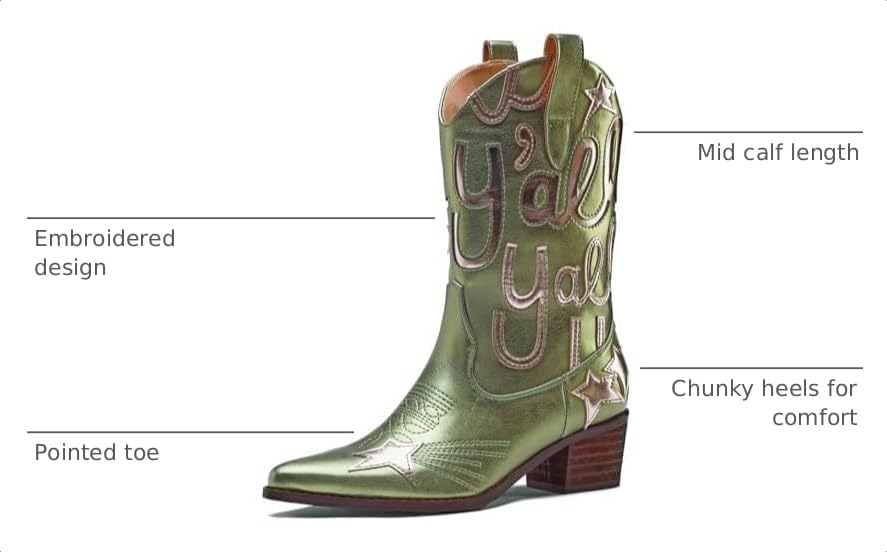 Image of Metallic Cowboy boots for Women Embroidered Mid Calf Womens Cowgirl Boots Western Pointed Toe Chunky Heel