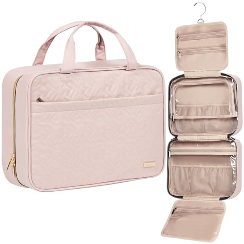 Image of NISHEL Travel Toiletry Bag for women, Portable Hanging Organizer for Family-Sized Shampoo, Conditioner, Brushes Set, Makeup Accessories, Extra Large Size, Pink