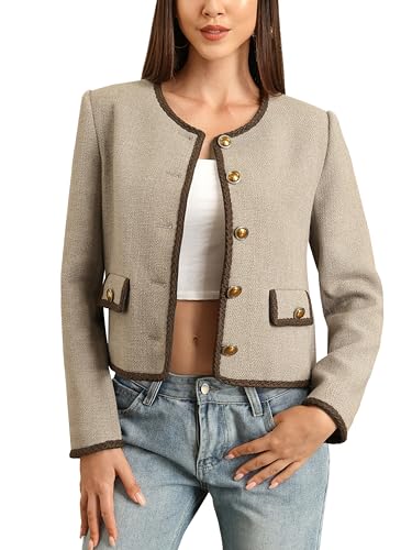 M.Infasivo Womens Cropped Jackets with Pockets, Tweed Shackets Collarless Casual Outerwear Button Down Vintage Blazer