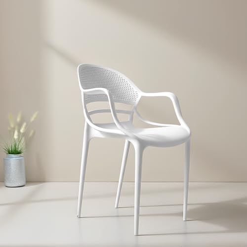 Image of DIYA Sunset Plastic Dining Chair | Stylish Arm Chair for Home, Cafe & Restaurant Seating | Durable PP Build, Comfortable Design, 1-Year Warranty - Set of 2 (White)