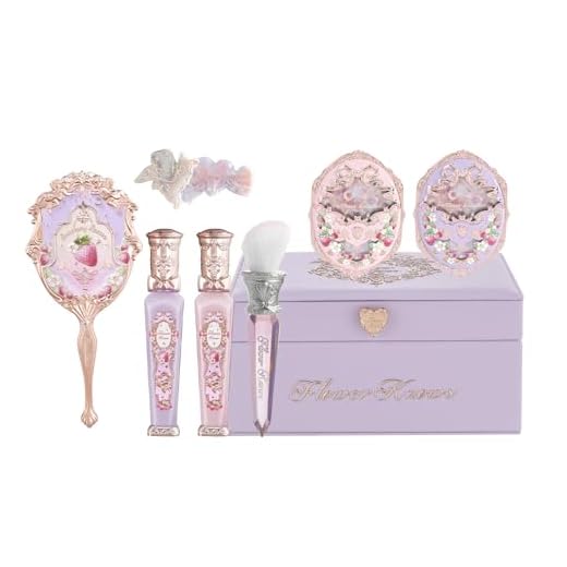 Flower Knows Violet Strawberry Rococo Makeup Box Set, 8-Piece with Mirror, Lip Gloss (2), Blush (2), Blush Brush, Handheld Mirror, Hair Clip, Gift Box