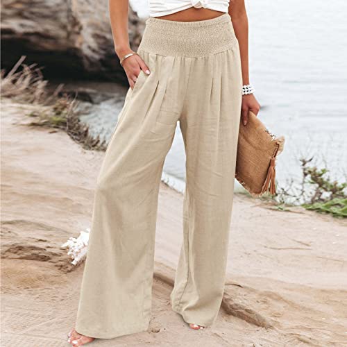 Wide Leg Linen Pants for Women Summer Drawstring Beach Pants Casual Beach Long Trouser Comfy Lounge Pants3