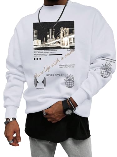 SOLY HUX Sweatshirts for Men Letter Graphic Crew Neck Long Sleeve Drop Shoulder Pullover Top White Letter Small
