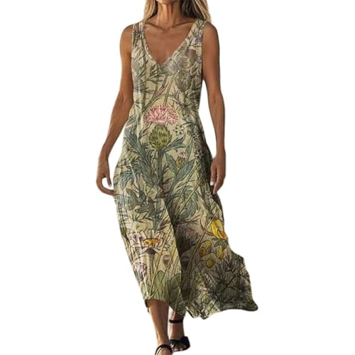 Vestido Mujer Verano Boho Chic Vestidos de Fiesta Sueltos Sin Mangas Escote en V Estampado Floral Tallas Grandes Largo Ropa de Playeros Vacaciones Cómodo con Bolsillos Causal Dresses
