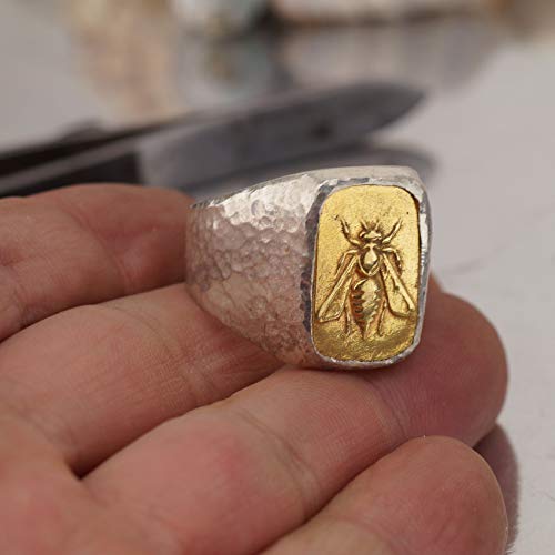 Atlantisfinejewels 925 Sterling Silver Bee Coin Large Men's Signet Ring Hammered Handmade Turkish Artisan Designer Jewelry By Omer (9) #TOP2