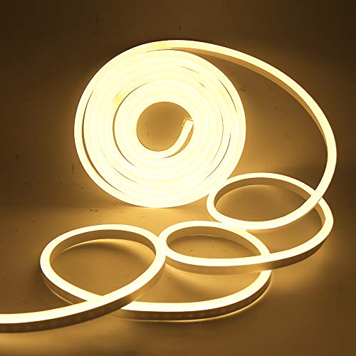 XUNATA LED Neon Light, Dimmable AC 110-120V Flexible LED Neon Strip Lights, 3500K Warm White 120 LEDs/M, 82ft/25m Waterproof 2835 SMD LED Rope Light + Remote Controller for Party Decoration