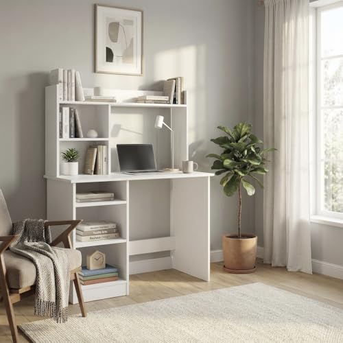 Image of Zenith Study Table with Hutch & Storage Cabinet, Workstation with Upper Bookshelf for Home Office & Students, 100x50x134cm (White)