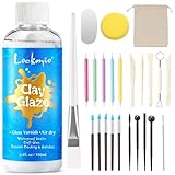 3.4FL OZ Air Dry Clay Glaze & 25pcs Tool Kit, Gloss Clay Varnish Protective Sealant to Prevent Cracking, Scratching & Wear - Pottery Tools for Stippling, Carving, Molding & Shaping Clay Crafts (Gloss)