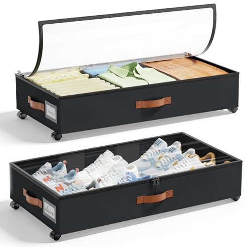 LAMU Under Bed Storage with Wheels, 2 Pack Under Bed Storage Containers with Clear Lids & Label, Rolling Under Bed Drawers for Clothes, Shoes, Blankets, Black