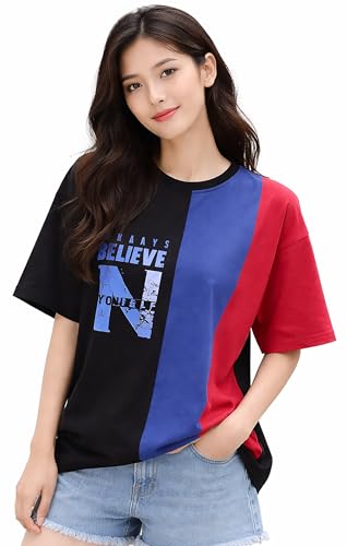 Image of London Hills Women's Drop Shoulder T-Shirt | Graphic Print Colorblock Half Sleeve Cotton T-Shirt | Casual Round Neck Top Soft Breathable Fabric | Regular Fit Stylish Tshirt