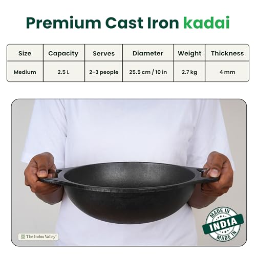 Image of The Indus Valley Premium Cast Iron Kadai with Flat Handles | Naturally Nonstick Kadhai, 100% Pure & Toxin-Free, Pre-Seasoned, No Chemical Coating (25.5-10inch - 2.5ltr)