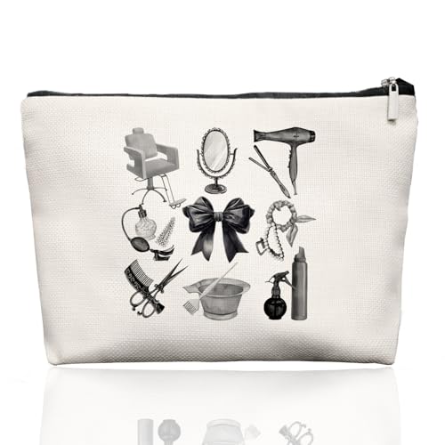 EKGJW Black & White Hairstylist Makeup Bag, Aesthetic Salon Travel Organizer, Cosmetology Student Gifts for Women, Hairdresser Accessories Pouch for Teen Girls, 7.5 x 10 in