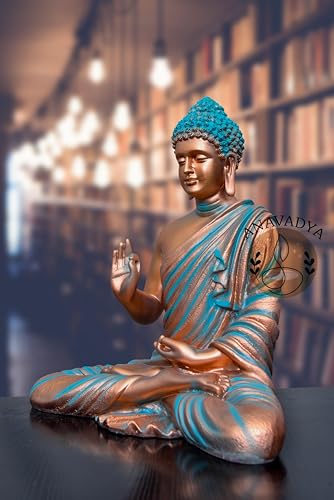 Image of Beautiful Sitting Buddha Idol Statue for Home & Garden Living Room | Healing Spirit Blessing Buddha Statue - 15 Inch Size (Copper + Blue)