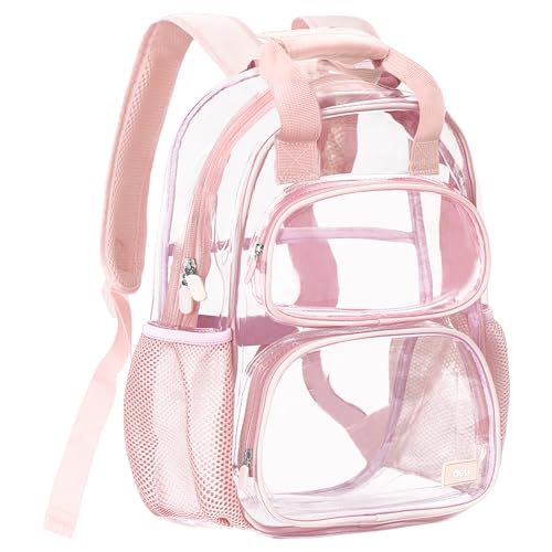 deli Clear Backpack for School, Heavy Duty PVC Transparent Bookbag for Boys and Girls, See Through Backpack for College Work Travel, Pink