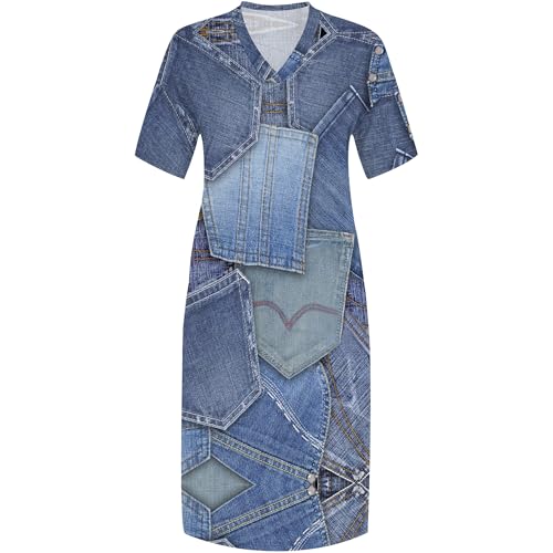Image of SUZONANA Plus Size Denim Print Shirt Maxi Dresses for Curvy Women Casual Blue Jean Summer Outfits Long Short Sleeve Dress with Pockets Patchwork 4XL