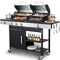 LMNOCHM Charcoal and Gas Grill Combo with Side Burner, 3-Burner Propane Grill and Griddle Combo with Cast Iron Grates and Double-Wall Insulated Lid, 39,000 BTU BBQ Grill for Outdoor Cooking