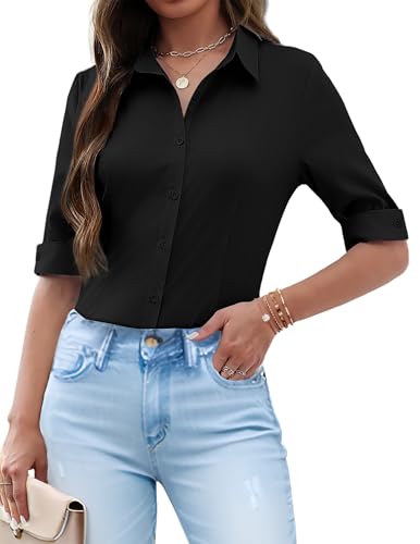 Zeagoo Womens Button Down Shirts 3/4 Sleeve Dress Blouses Business Casual Collared Oxford Tops