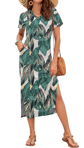 Image of MISFAY Womens Maxi Dress Short Sleeve V Neck Loose with Pockets | Soft stretchy breathable, v neck loose fit, side split hem, two side pockets, casual daily beach vacation travel dress