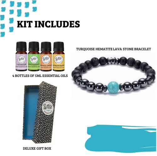 Wild Essentials Turquoise and Hematite Lava Stone Essential Oil Diffuser Bracelet, Expandable Elastic, Aromatherapy Jewelry Gift Set and 100% Pure Oils (Lavender, Lemongrass, Orange and Peppermint) - Image 3