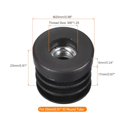 Image of uxcell 24Pcs Inserts for Round Tubes with M8 Thread, for 25mm /0.98 inch OD Round Tube, Round Black Plastic Plug Caster Insert Chair End Caps Furniture Leg Plug