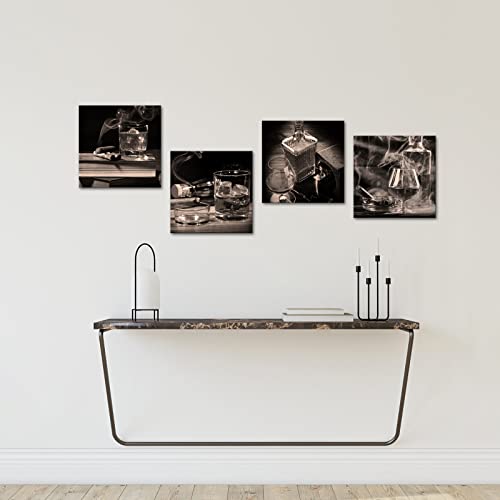 Yeilnm 4 Piece Black And White Whisky Wall Art Retro Wine Painting Vintage Bottle Wine Glass Pictures Canvas Artwork For Kitchen Home Dining Room Bar Men Cave Decorations Framed Ready To Hang #TOP2