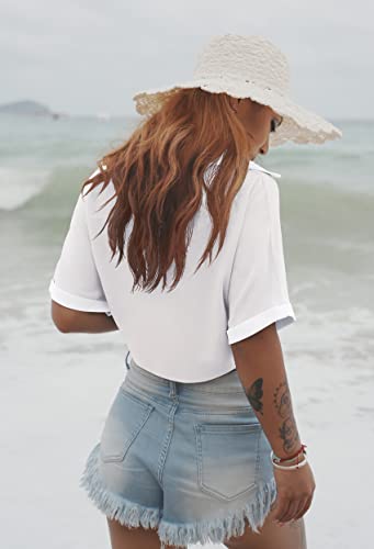 GOBLES Womens Summer Short Sleeve Shirts V Neck Tie Knot Batwing Blouses Tops3