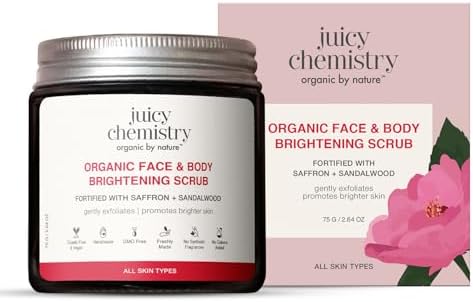 Juicy Chemistry Face & Body Brightening Scrub with Saffron & Sandalwood, 75g | Organic Exfoliating Scrub for Glowing Skin | Gently Removes Dead Skin Cells | Smoothens Skin Texture | Brightens Skin | Dermatologically Tested