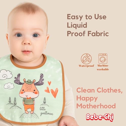 Bib for Baby Girls and Boys Aged 6-24 Months, Waterproof - Travel Companion - Wipeable Bibs - Baby Bibs for Eating(3 pack,deer)4