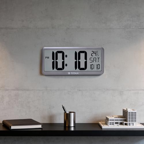 Image of Titan Large Grey Digital Wall & Table Clock | Big LCD Display | Day, Date & Room Temperature | Battery Operated | Modern Minimalist Design | 356x160mm | W0117PD01