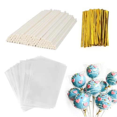 MOSTFUN 300 Pièces Set de Bâtonnets à Cake Pop, 100 Sacs à Colis Transparent, 100 Baton Sucette Pop Cake, 100 Liens Torsadés pour Sucettes, Biscuits, Bonbons et...