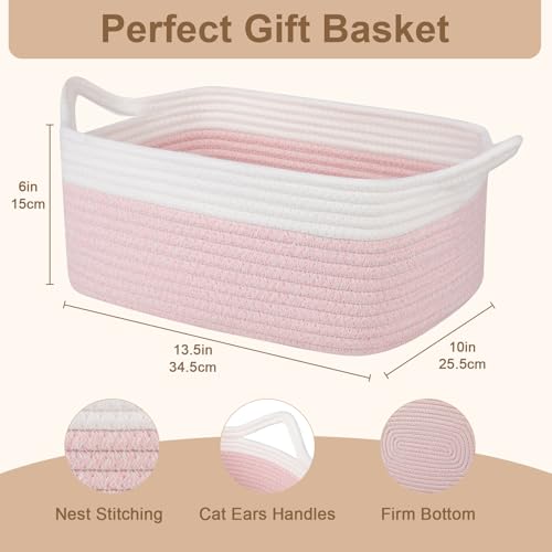 Image of OIAHOMY Woven Basket, Gift Basket Empty with Gift Bags and Ribbons, Rope Baskets for Baby Showers, Storage Baskets with Handles for Nursery, Pet Toy Organizer - Pink & White