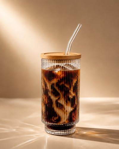 Image of COOLBIT 320ml Glass Sipper with Straw and Lid | Ribbed Glass Tumbler with Bamboo Lid | Reusable Drinking Glass for Coffee, Juice, Smoothie & Cold Drinks