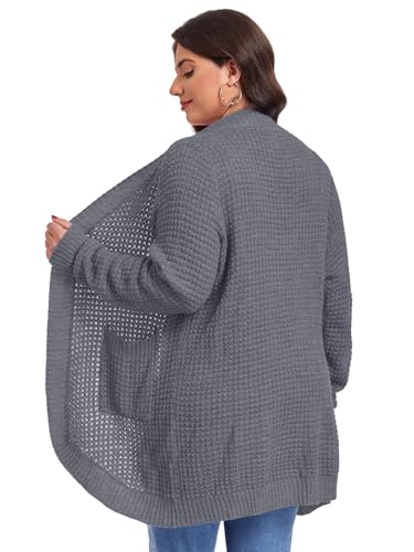 Image of LARACE Long Cardigans for Women Plus Size Tops Open Front Sweaters with Pockets Waffle Ribbed Sleeve Loose Fall Outwear
