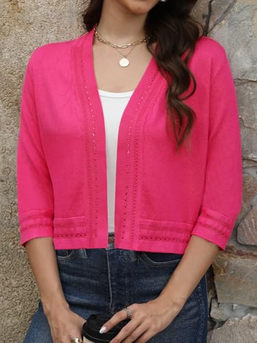 Image of Womens Lightweight 3 /4 Sleeve Bolero Shrug Cardigan Summer Open Front Cropped Knit Cut Out Shrugs for Dresses