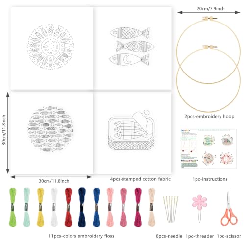 Image of INFUNLY 4Pcs Canned Sardines Embroidery Kit 12 Inch Round Pink Fish Wreath Needlework Practice Set Nautical Fish Embroidery Kits with Hoop for Adults Home Decor Birthday Gift