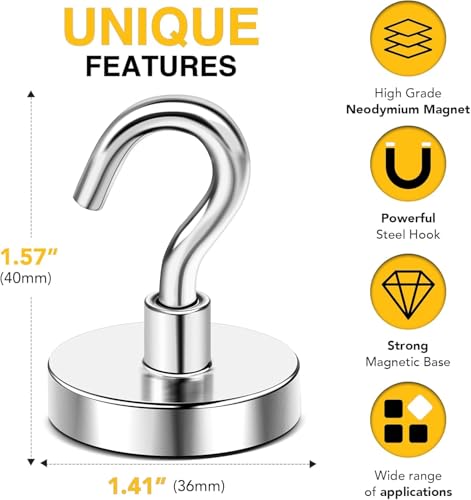 Image of DIYMAG Magnetic Hooks,170lbs Heavy Duty Magnets with Hook Silver 12 Pack