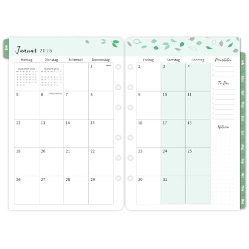 2026 Wochenplaner Einlage A5, 1 Woche 2 Seiten mit Tabs, Monatliche Seite 14x21cm, Kalendereinlagen 6 Löcher, Doppelfarbiges Design