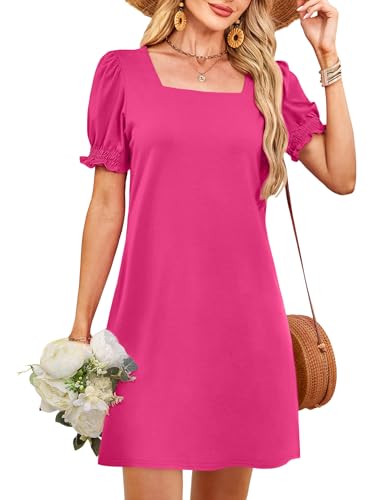 Image of RUMIA Summer Dresses for Women 2025 Casual Cute Square Neck Puff Short Sleeve Dress with Pockets