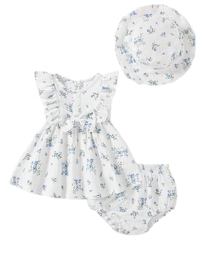Vibebox Baby Girl Dresses 12-18 Months Ruffle Sleeveless Waist Bow Button Dress Gifts 1 Year Old Birthday Gifts Toddler Girls Blue Floral Summer Beach Garden Party Sundress with Hat and Underwear