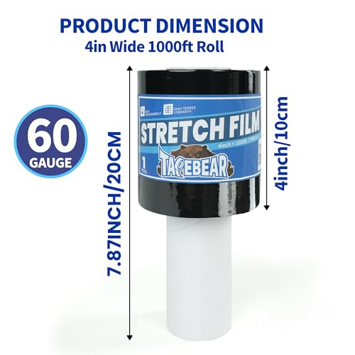 TAPEBEAR Schwarz Stretchfolie 100mm x 305m mit Griff, 15um, selbsthaftend für Paletten, Lager, Umzug, Transport, 4 Rollen