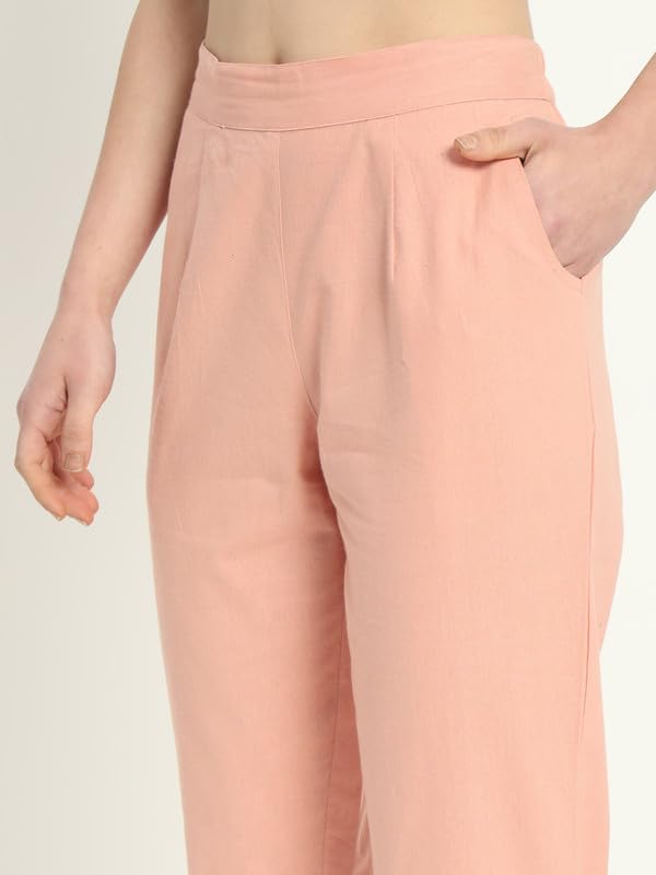 Image of Women's Solid Straight Fit 100% Cotton Trousers | High Waist, Side Pockets, Ankle Length Pants for Office, Casual